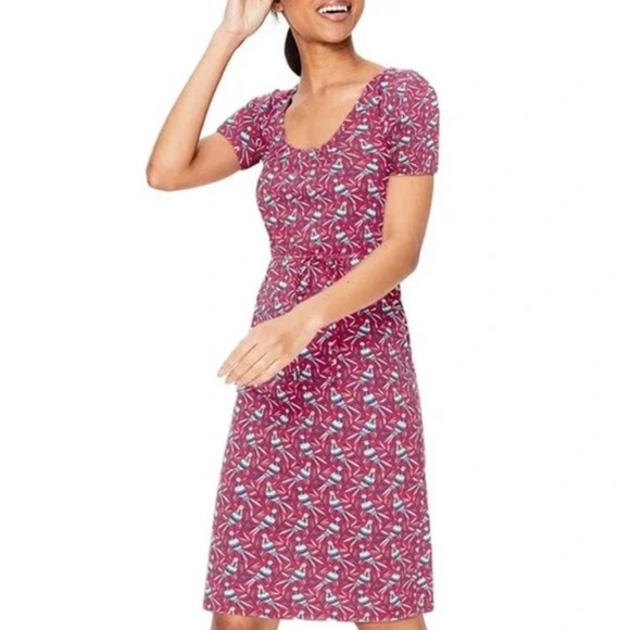 Boden Elspeth Jersey Bird Print Pink Jersey Dress - Picture 1 of 8